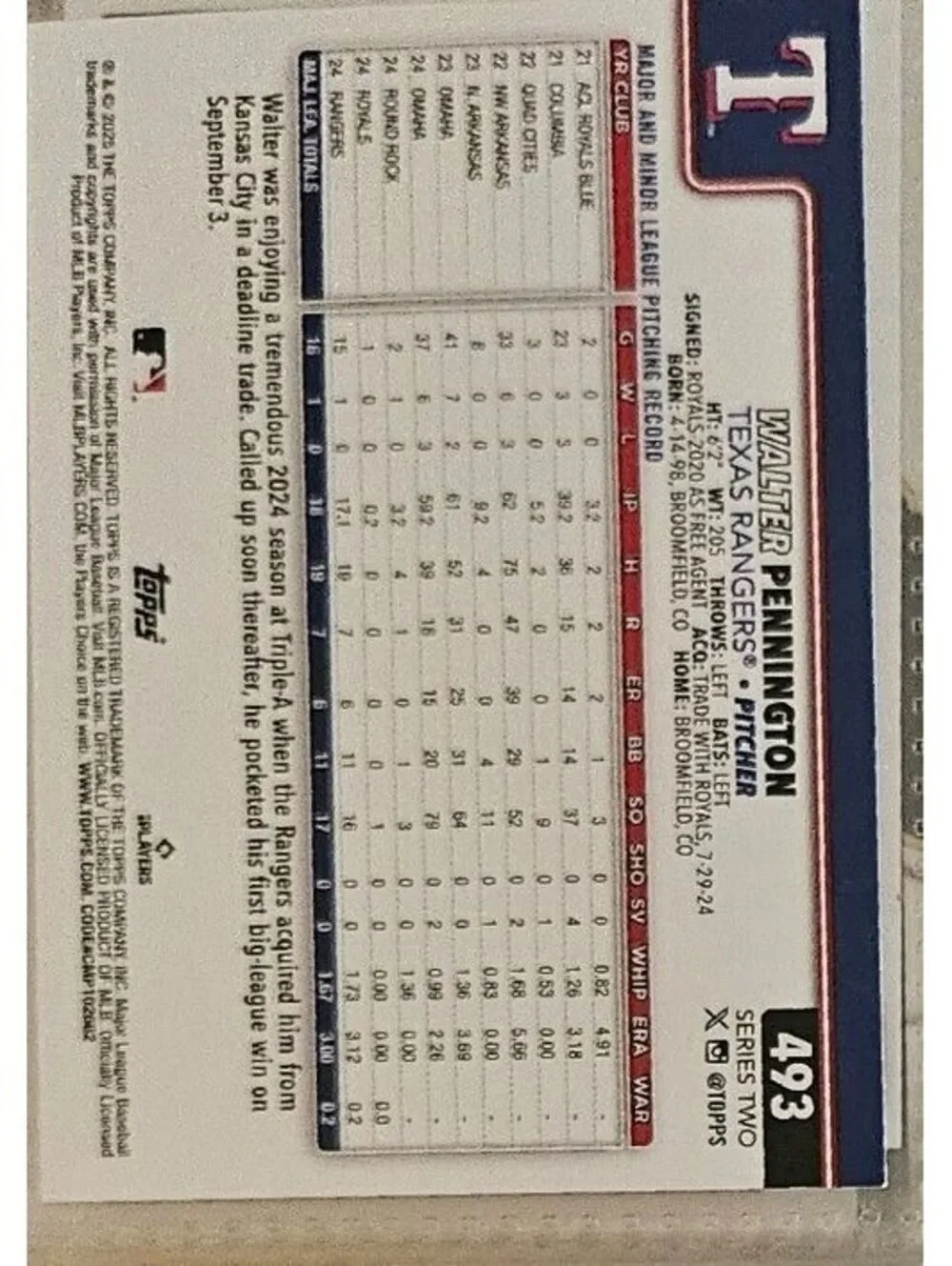 2025 Topps Series 2 Walter Pennington Rookie Card # 493